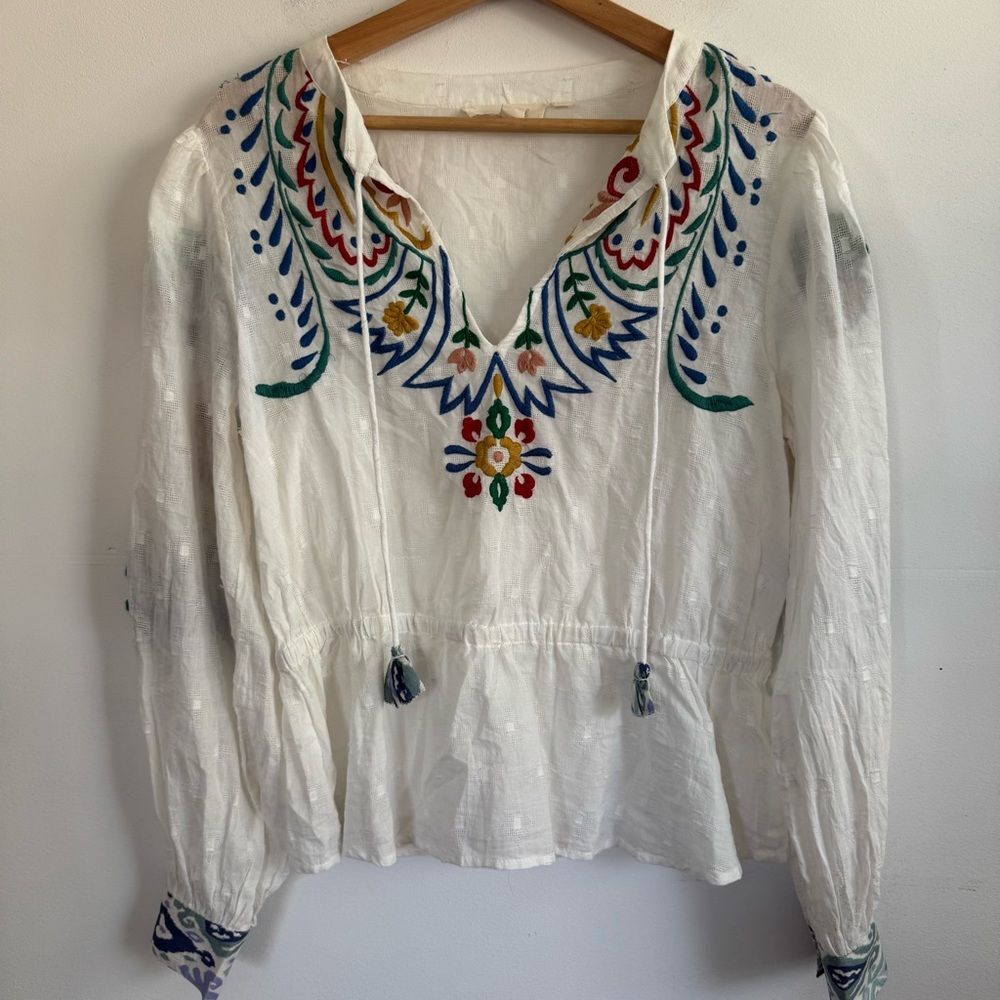Anthropologie Forever That Girl Embroidered Peplum Peasant Blouse Top Medium - Picture 7 of 15